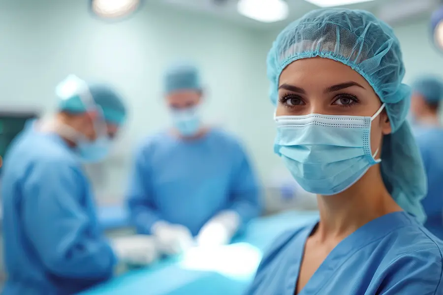 Kliniken & Reha - OP-Textilien & Berufsbekleidung. Hier: OP-Helferin in kompletter OP-Montur.